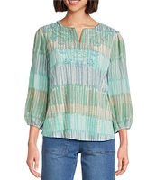 Multiples Petite Size Slub Knit Embroidered Printed Split V-Neck 3/4 Sleeve Top