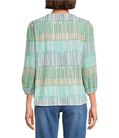 Multiples Petite Size Slub Knit Embroidered Printed Split V-Neck 3/4 Sleeve Top