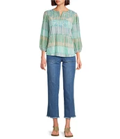 Multiples Petite Size Slub Knit Embroidered Printed Split V-Neck 3/4 Sleeve Top