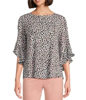 Multiples Petite Size Slub Knit Georgette Animal Print Scoop Neck 3/4 Flounce Sleeve Fitted Top