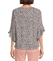 Multiples Petite Size Slub Knit Georgette Animal Print Scoop Neck 3/4 Flounce Sleeve Fitted Top