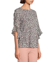 Multiples Petite Size Slub Knit Georgette Animal Print Scoop Neck 3/4 Flounce Sleeve Fitted Top