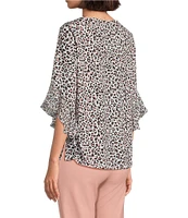 Multiples Petite Size Slub Knit Georgette Animal Print Scoop Neck 3/4 Flounce Sleeve Fitted Top