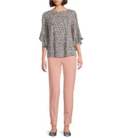 Multiples Petite Size Slub Knit Georgette Animal Print Scoop Neck 3/4 Flounce Sleeve Fitted Top