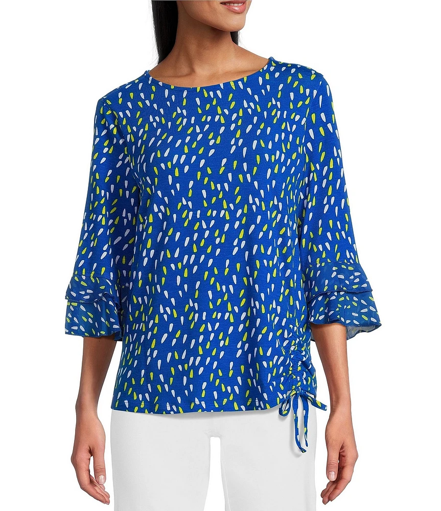 Multiples Petite Size Slub Knit Georgette Dot Print Boat Neck 3/4 Sleeve Fitted Ruched Side Drawstring Top