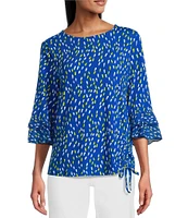 Multiples Petite Size Slub Knit Georgette Dot Print Boat Neck 3/4 Sleeve Fitted Ruched Side Drawstring Top