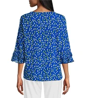 Multiples Petite Size Slub Knit Georgette Dot Print Boat Neck 3/4 Sleeve Fitted Ruched Side Drawstring Top