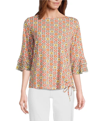 Multiples Petite Size Slub Knit Georgette Floral Multi Boat Neck 3/4 Sleeve Fitted Ruched Side Drawstring Top