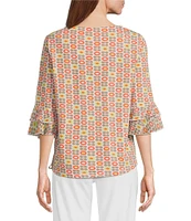 Multiples Petite Size Slub Knit Georgette Floral Multi Boat Neck 3/4 Sleeve Fitted Ruched Side Drawstring Top