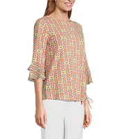 Multiples Petite Size Slub Knit Georgette Floral Multi Boat Neck 3/4 Sleeve Fitted Ruched Side Drawstring Top