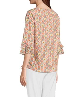 Multiples Petite Size Slub Knit Georgette Floral Multi Boat Neck 3/4 Sleeve Fitted Ruched Side Drawstring Top