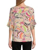 Multiples Petite Size Slub Knit Georgette Multi Print Scoop Neck 3/4 Flounce Sleeve Fitted Top