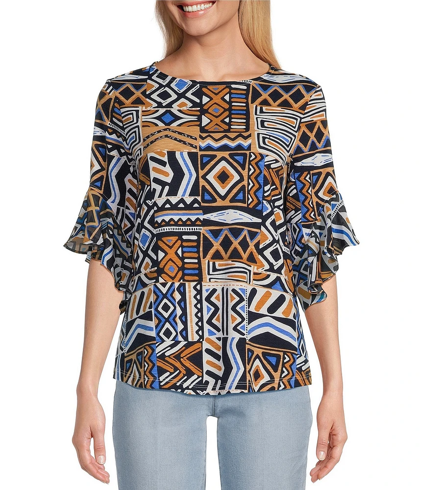 Multiples Petite Size Slub Knit Georgette Patch Multi Scoop Neck 3/4 Flounce Sleeve Fitted Top