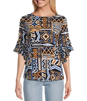 Multiples Petite Size Slub Knit Georgette Patch Multi Scoop Neck 3/4 Flounce Sleeve Fitted Top