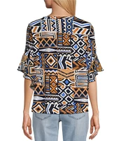 Multiples Petite Size Slub Knit Georgette Patch Multi Scoop Neck 3/4 Flounce Sleeve Fitted Top