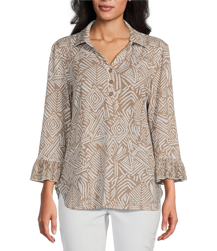 Multiples Petite Size Slub Knit Georgette Printed Collared V-Neck 3/4 Sleeve Top