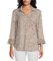 Multiples Petite Size Slub Knit Georgette Printed Collared V-Neck 3/4 Sleeve Top