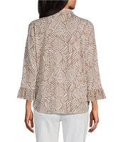 Multiples Petite Size Slub Knit Georgette Printed Collared V-Neck 3/4 Sleeve Top