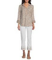 Multiples Petite Size Slub Knit Georgette Printed Collared V-Neck 3/4 Sleeve Top