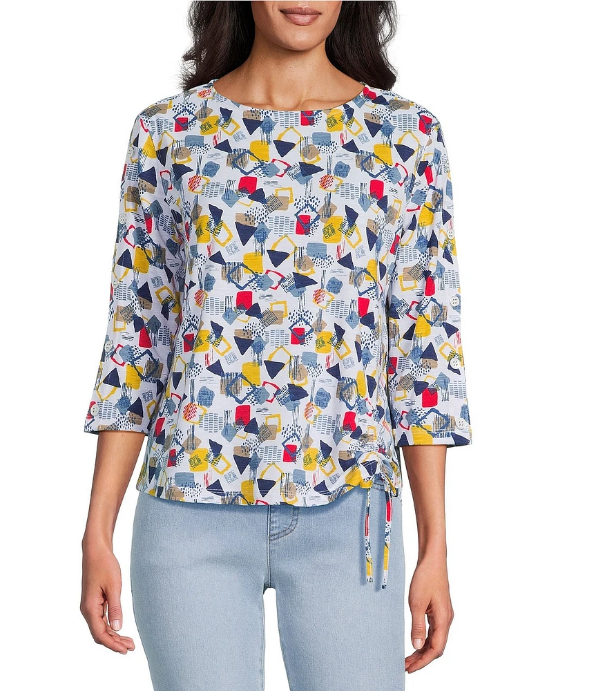 Multiples Petite Size Slub Knit Printed Boat Neck 3/4 Sleeve Fitted Ruched Side Drawstring Top