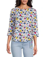 Multiples Petite Size Slub Knit Printed Boat Neck 3/4 Sleeve Fitted Ruched Side Drawstring Top