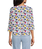 Multiples Petite Size Slub Knit Printed Boat Neck 3/4 Sleeve Fitted Ruched Side Drawstring Top
