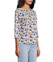 Multiples Petite Size Slub Knit Printed Boat Neck 3/4 Sleeve Fitted Ruched Side Drawstring Top