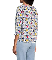 Multiples Petite Size Slub Knit Printed Boat Neck 3/4 Sleeve Fitted Ruched Side Drawstring Top