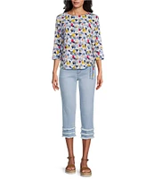 Multiples Petite Size Slub Knit Printed Boat Neck 3/4 Sleeve Fitted Ruched Side Drawstring Top