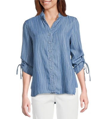 Multiples Petite Size Slub Woven Printed Stand Collar 3/4 Drawstring Sleeve Hi-Low Hem Button Front Shirt
