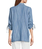 Multiples Petite Size Slub Woven Printed Stand Collar 3/4 Drawstring Sleeve Hi-Low Hem Button Front Shirt
