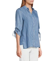 Multiples Petite Size Slub Woven Printed Stand Collar 3/4 Drawstring Sleeve Hi-Low Hem Button Front Shirt