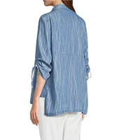 Multiples Petite Size Slub Woven Printed Stand Collar 3/4 Drawstring Sleeve Hi-Low Hem Button Front Shirt