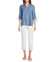 Multiples Petite Size Slub Woven Printed Stand Collar 3/4 Drawstring Sleeve Hi-Low Hem Button Front Shirt