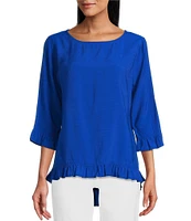 Multiples Petite Size Solid Crinkle Woven Scoop Neck 3/4 Sleeve Hi-Low Hem Ruffle Top