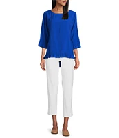Multiples Petite Size Solid Crinkle Woven Scoop Neck 3/4 Sleeve Hi-Low Hem Ruffle Top