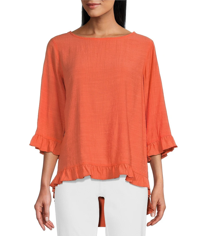 Multiples Petite Size Solid Crinkle Woven Scoop Neck 3/4 Sleeve Hi-Low Hem Ruffle Top