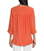 Multiples Petite Size Solid Crinkle Woven Scoop Neck 3/4 Sleeve Hi-Low Hem Ruffle Top