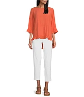 Multiples Petite Size Solid Crinkle Woven Scoop Neck 3/4 Sleeve Hi-Low Hem Ruffle Top