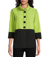 Multiples Petite Size Solid Stripe Jacquard Stand Collar 3/4 Sleeve Fitted Button Front Jacket