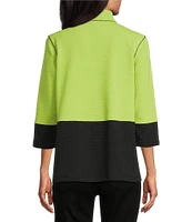 Multiples Petite Size Solid Stripe Jacquard Stand Collar 3/4 Sleeve Fitted Button Front Jacket
