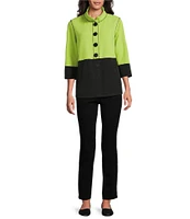 Multiples Petite Size Solid Stripe Jacquard Stand Collar 3/4 Sleeve Fitted Button Front Jacket