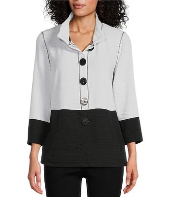 Multiples Petite Size Solid Stripe Jacquard Stand Collar 3/4 Sleeve Fitted Button Front Jacket