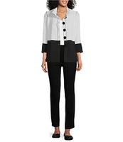 Multiples Petite Size Solid Stripe Jacquard Stand Collar 3/4 Sleeve Fitted Button Front Jacket