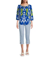 Multiples Petite Size Stretch Denim Wide Waistband Triple Fringe Hem Pull-On Jeans