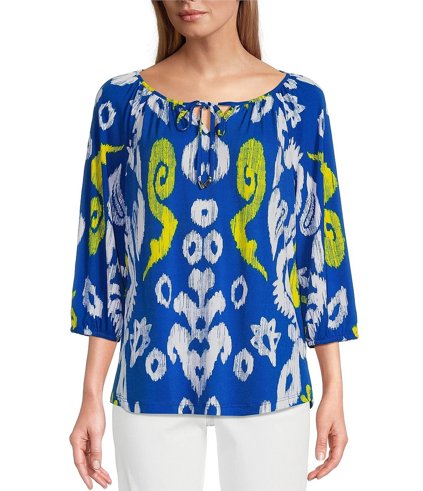 Multiples Petite Size Knit Printed Tie Detail Split Neckline 3/4 Sleeve Peasant Top