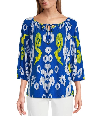 Multiples Petite Size Knit Printed Tie Detail Split Neckline 3/4 Sleeve Peasant Top