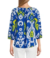 Multiples Petite Size Knit Printed Tie Detail Split Neckline 3/4 Sleeve Peasant Top
