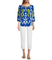 Multiples Petite Size Knit Printed Tie Detail Split Neckline 3/4 Sleeve Peasant Top