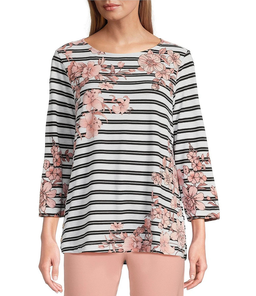 Multiples Petite Size Stretch Placement Floral Stripe Boat Neck 3/4 Sleeve Fitted Top